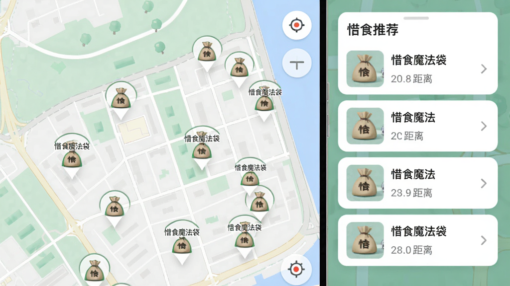 一张手机地图界面,上面分布着多个“惜食魔法袋”商家店铺标记,每个标记是一个小袋子图标,地图风格简洁清晰,旁边有推荐列表卡片,展示店铺名称和距离,整体风格清新,画质干净,无多余元素