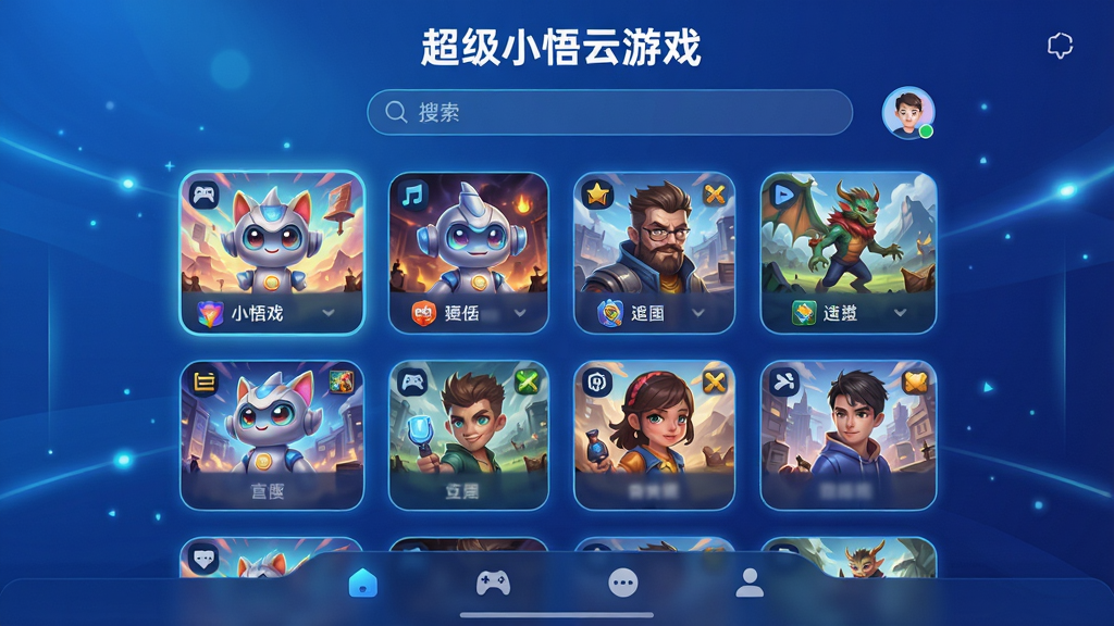 主体:超级小悟云游戏品牌界面,展示多款热门游戏缩略图。布局:中央为游戏列表,上方为搜索栏与用户头像,底部为导航栏。排版:卡片式布局,圆角设计,图标清晰。风格:现代科技感,背景渐变蓝色,光效点缀。细节:游戏封面色彩鲜艳,边缘发光,界面文字“超级小悟云游戏”置于顶部。画质:8K超清,干净整洁,无多余元素。