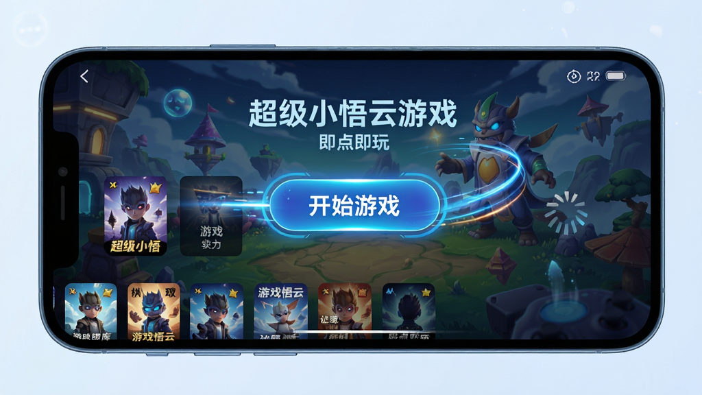 主体:手机屏幕展示超级小悟云游戏“即点即玩”界面。布局:屏幕中央为开始游戏按钮,背景为游戏场景。排版:简洁直白,按钮醒目。风格:未来感UI,动态光效。细节:游戏库封面排列整齐,点击后出现加载动画。画质:高清,色彩饱满,无多余元素。