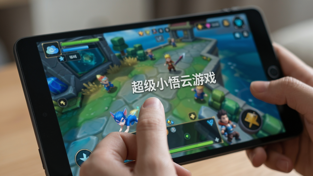 主体:用户正在使用超级小悟云游戏进行手游操作。布局:前景为手指点击屏幕,背景为游戏画面。排版:特写镜头,突出操作细节。风格:写实风格,光线柔和。细节:屏幕显示“超级小悟云游戏”水印,画面清晰流畅。画质:高清,无多余元素。