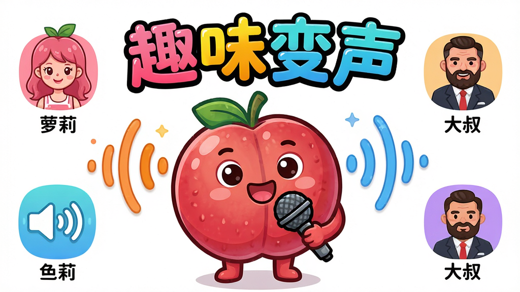 主体:话梅App的“趣味变声”功能展示,一个卡通梅子拿着话筒,周围漂浮着不同的声波图案。布局:中央大话筒,四周环绕各种音效图标。排版:功能名称“趣味变声”以彩色艺术字呈现。风格:活泼俏皮,色彩明亮。细节:每个音效图标下方有文字标签,如“萝莉”、“大叔”。画质:高分辨率,干净无多余元素。