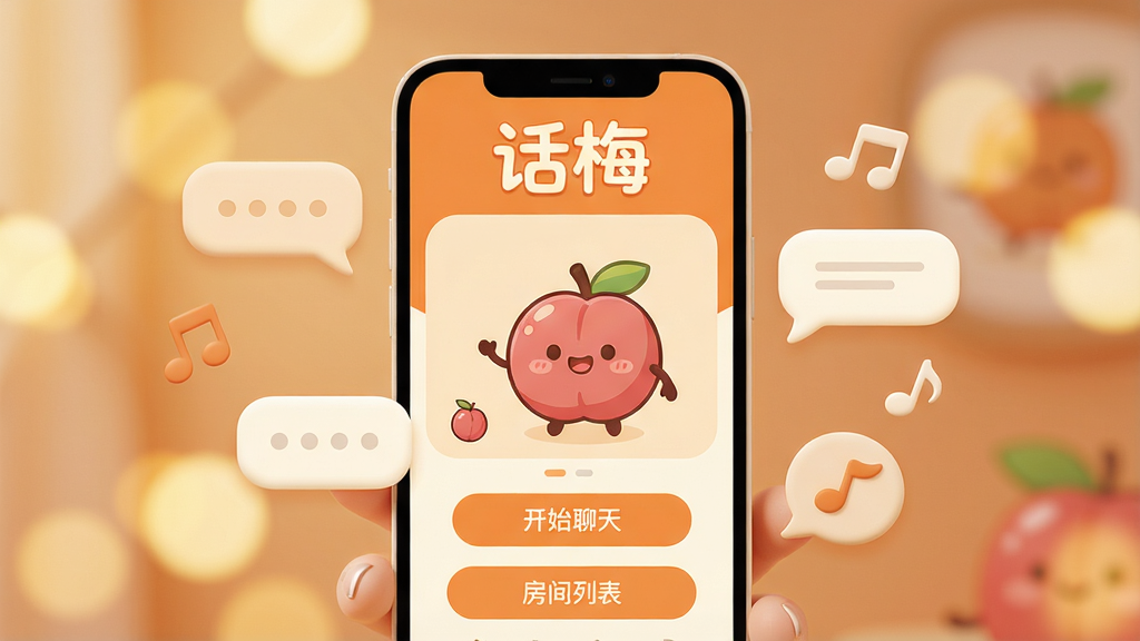 主体:一款名为“话梅”的智能手机应用界面,屏幕中显示温暖的语音聊天房间,有卡通梅子吉祥物。布局:手机位于画面中央,周围有柔和的对话气泡和音符图标。排版:简洁现代,应用名称“话梅”以圆润字体显示在屏幕顶部。风格:清新可爱,色彩以暖橙色和米白色为主。细节:界面中可见“开始聊天”、“房间列表”等按钮,背景有模糊的光斑。画质:高清渲染,干净无多余元素。