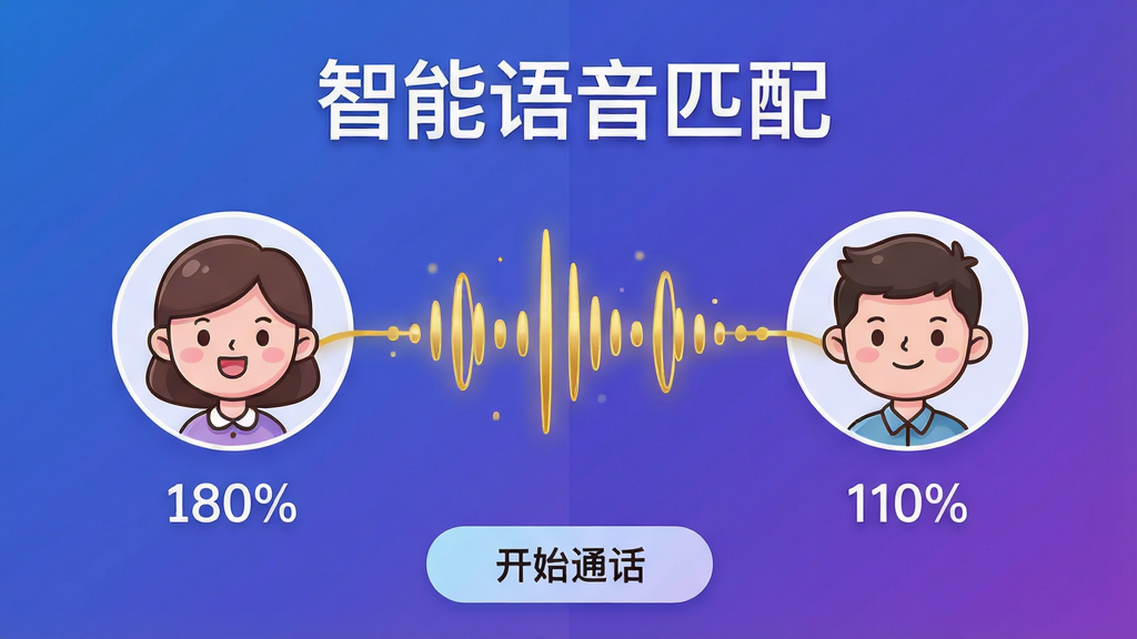 主体:话梅App的“智能语音匹配”功能界面,两个卡通人物头像通过一条金色声波线连接。布局:左右分屏设计,左侧用户头像,右侧匹配对象头像,中间是动态声波。排版:功能名称“智能语音匹配”以标题形式置于顶部。风格:科技感与可爱风结合,背景为渐变的蓝紫色。细节:头像下方显示匹配度百分比,底部有“开始通话”按钮。画质:清晰锐利,干净无多余元素。