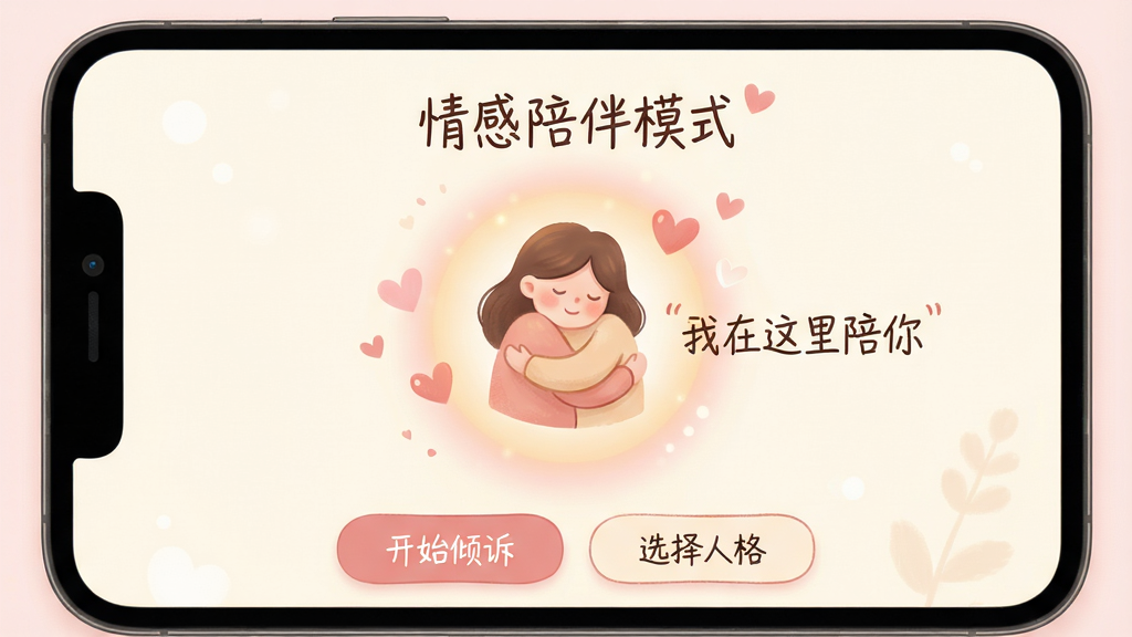 主体:话梅App的“情感陪伴模式”界面,一个温暖的怀抱图标,旁边有一句“我在这里陪你”。布局:中央是怀抱图标,周围有柔和的光晕和小心心。排版:文字以手写体风格呈现。风格:温馨治愈,色调为淡粉色和奶油色。细节:底部有“开始倾诉”和“选择人格”按钮。画质:柔和清晰,干净无多余元素。