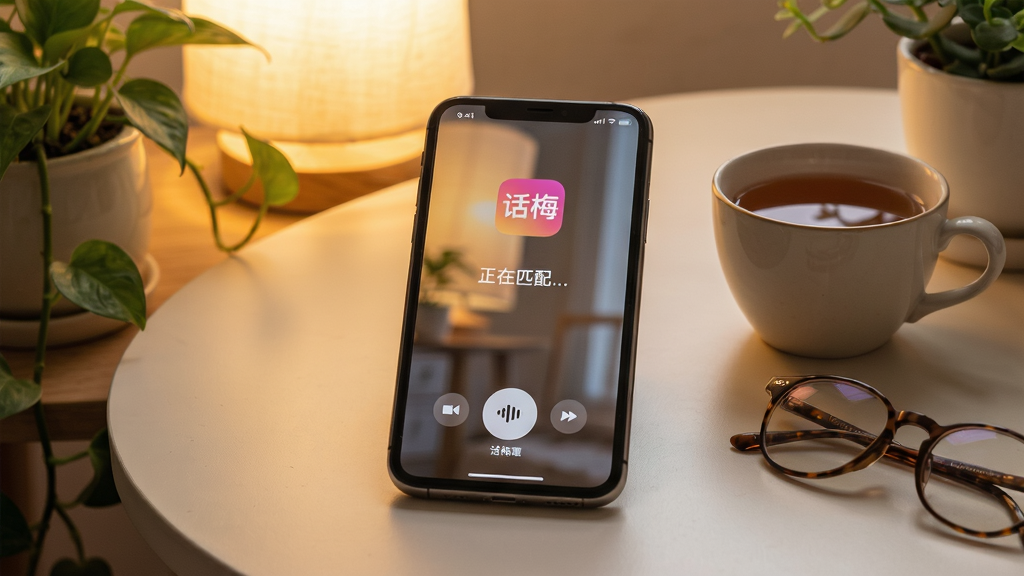 主体:话梅App使用场景,一部手机放在桌上,屏幕显示语音聊天界面,旁边有一杯茶和眼镜。布局:手机居中,周围有温馨的灯光和绿植。排版:屏幕上有“话梅”Logo和“正在匹配...”字样。风格:生活化写实,色调温暖。细节:手机屏幕反射出柔和光线,氛围安静舒适。画质:高清照片质感,干净无多余元素。