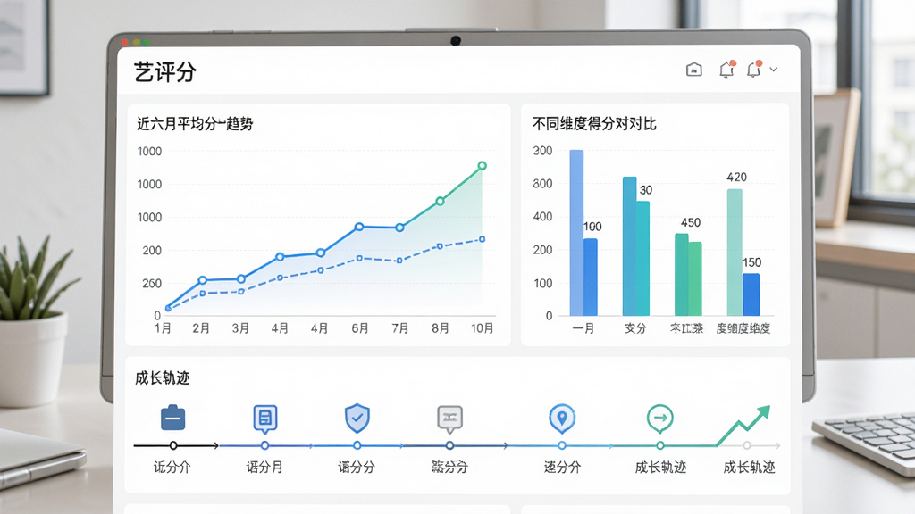 “艺评分”数据统计页面,折线图显示近六个月平均分上升趋势,柱状图对比不同维度的得分,页面底部有“成长轨迹”时间轴,背景为简约办公桌,风格简洁清晰,数据可视化,细节丰富,画质干净,无多余元素