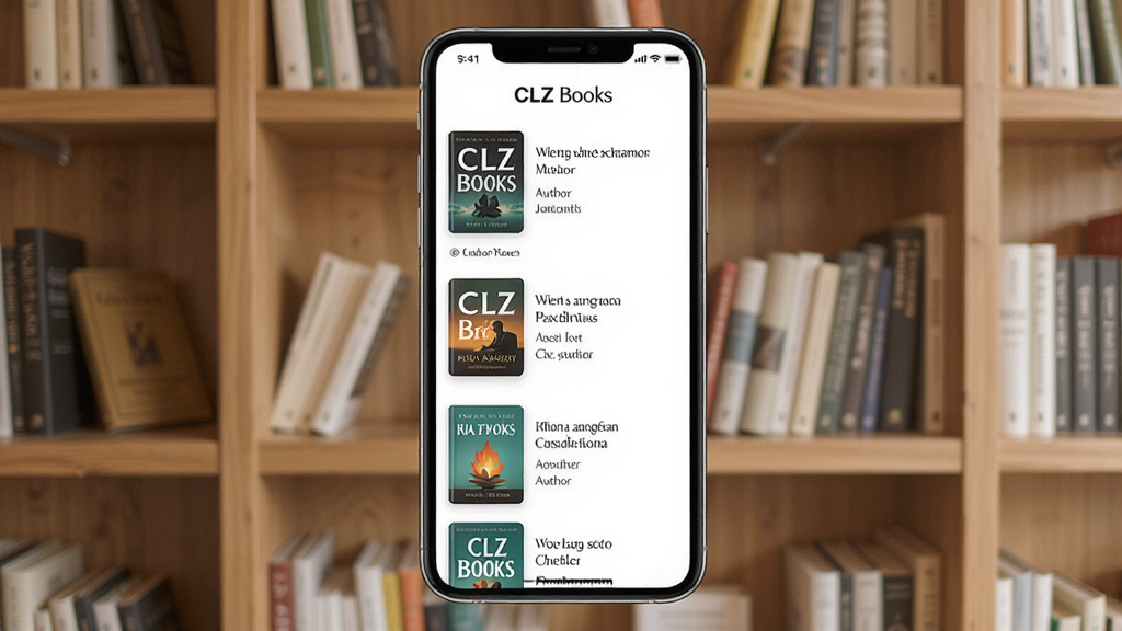 CLZ Books app界面展示,主体为手机屏幕上的书籍列表布局,显示封面、标题和作者,背景为木质书架,整体风格干净明亮,细节丰富,画质清晰,无多余元素