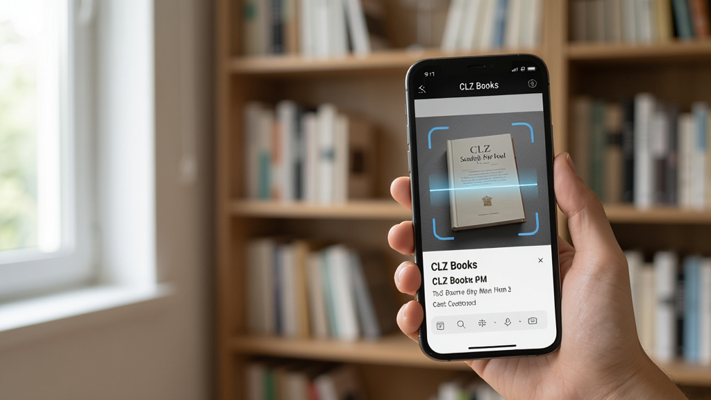 CLZ Books手机使用场景图,主体为手持手机扫描书籍,屏幕显示扫描动画和书籍信息,背景为家庭书房书架,自然光线,构图简洁,画质干净,无多余元素