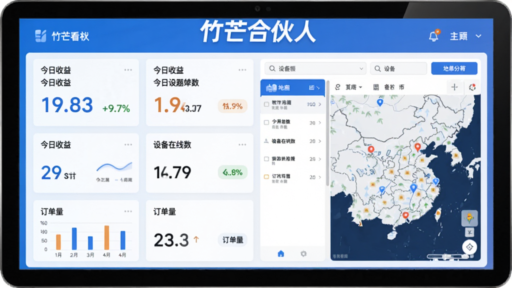 竹芒合伙人软件主界面展示图,整体以蓝白色调为主,界面左侧为数据看板,显示今日收益、设备在线数、订单量等核心指标,右侧为设备列表与地图分布,顶部为软件名称“竹芒合伙人”字样,整体风格简洁商务,现代感强,画质清晰,干净无多余元素。