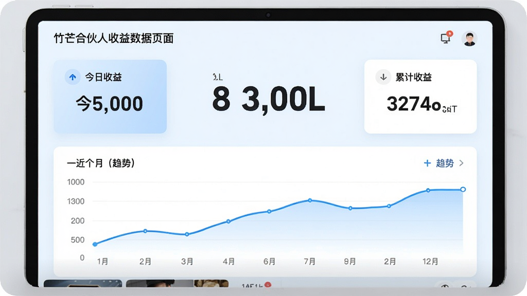 竹芒合伙人收益数据页面,页面中央为大大的收益数字,下方为折线趋势图,展示近一个月的收益变化,背景为浅蓝色卡片式设计,界面干净清晰,突出“今日收益”“累计收益”等数据卡片,整体风格专业简洁,画质高清。