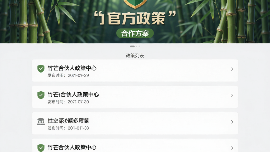 竹芒合伙人政策中心页面,页面顶部为横幅公告图,下方为政策列表,每条政策带有标题和发布时间,背景为浅灰色,卡片式设计,整体风格商务简洁,突出“官方政策”“合作方案”等关键词,画质清晰,干净无多余元素。