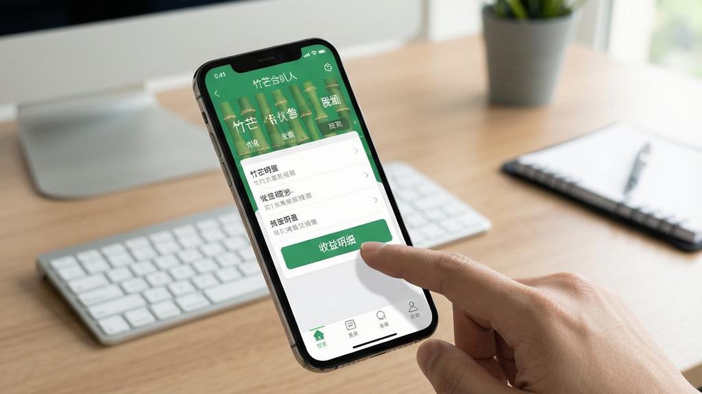 竹芒合伙人手机操作示意图,手机屏幕显示应用主界面,手指点击“收益明细”按钮,背景为办公桌面,整体风格写实,画面干净,突出手机界面内容,画质清晰,干净无多余元素。