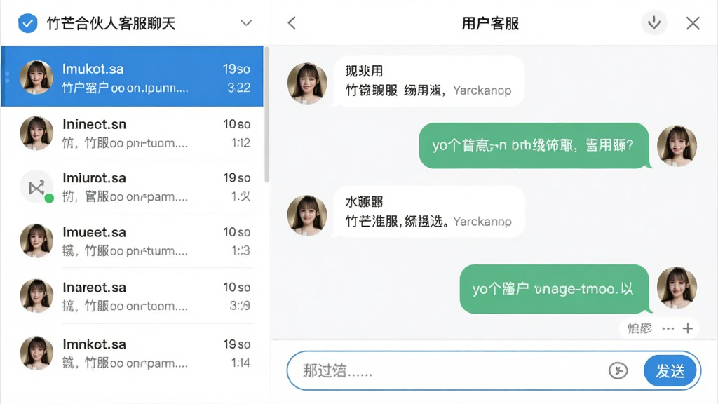 竹芒合伙人客服聊天界面,左侧为对话列表,右侧为聊天窗口,显示用户与客服的对话气泡,底部有输入框和发送按钮,整体色调为白色与蓝色,界面友好,画质清晰,干净无多余元素。
