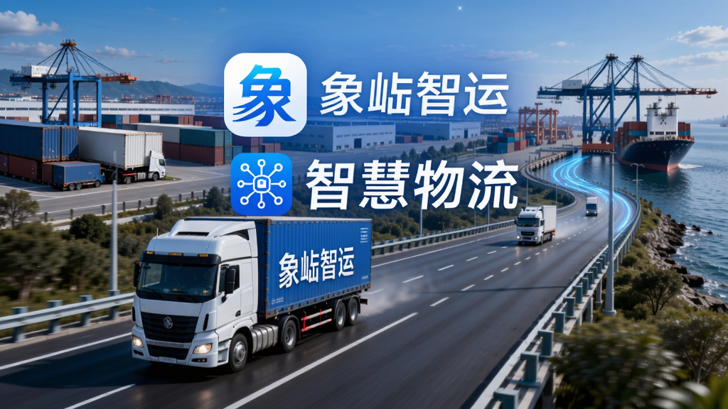 象屿智运是一款专业的网络货运平台APP,界面展示物流货车在高速公路上行驶,背景是现代化的物流园区和港口,主视觉突出象屿智运APP的logo和“智慧物流”字样,画面构图大气,采用蓝白主色调,科技感十足,画质清晰,干净无多余元素