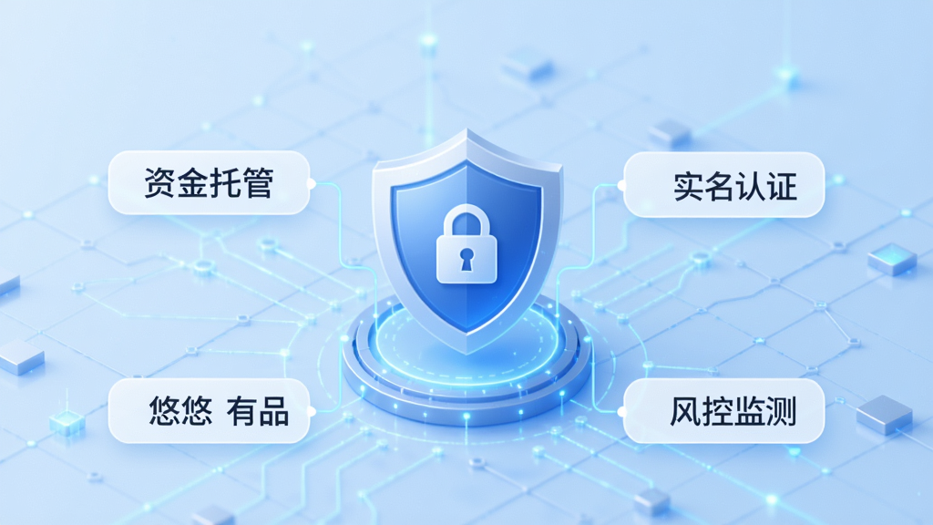 悠悠有品安全交易流程示意图,画面中央是一个盾牌图标,周围环绕着“资金托管”、“实名认证”、“风控监测”等文字标签,背景为浅蓝色科技感网格,整体风格简洁专业,高清画质,干净无多余元素
