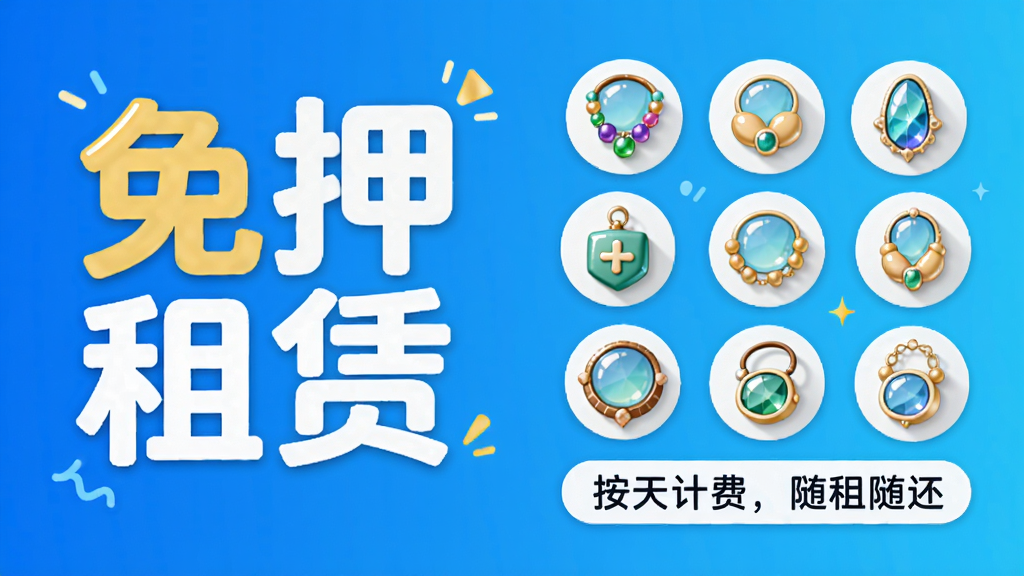 悠悠有品租赁服务展示,画面左侧为“免押租赁”大字,右侧为多款饰品图标,下方有“按天计费,随租随还”字样,背景为渐变蓝色,风格活泼明快,高清画质,干净无多余元素