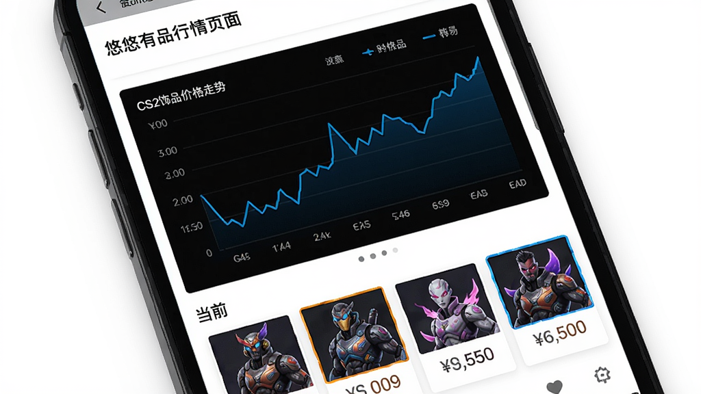 悠悠有品行情页面,手机屏幕上显示CS2饰品价格走势折线图,下方为多款皮肤缩略图与当前价格,图表线条为蓝色,背景为白色,数据清晰可读,整体排版简洁美观,高清画质,干净无多余元素