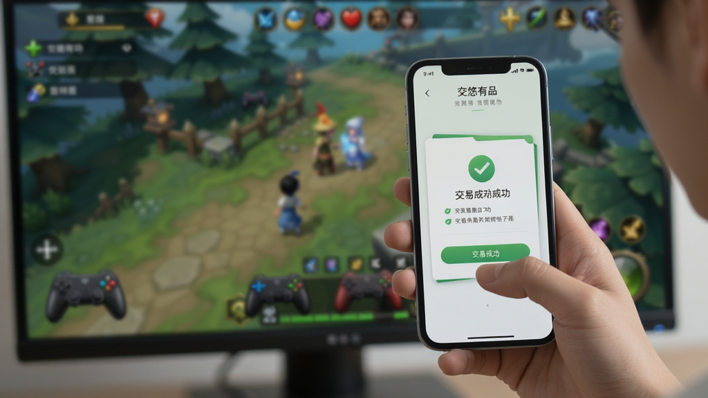 悠悠有品使用场景图,用户手持手机在游戏场景前操作,手机屏幕显示交易成功页面,背景为模糊的游戏画面,整体风格写实,高清画质,干净无多余元素