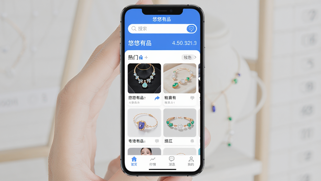 悠悠有品主界面展示,手机屏幕中央显示“悠悠有品”APP界面,顶部为搜索栏与钱包余额,中部为热门饰品卡片列表,底部为首页、行情、消息、我的四个标签栏,整体布局清晰,蓝白配色,现代扁平化设计,高清画质,干净无多余元素
