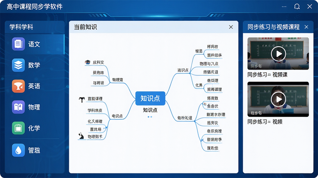 一张展示高中课程同步学软件主界面的高清截图,界面布局清晰,左侧为学科列表包含语文、数学、英语、物理、化学等图标,中间区域展示当前选中科目的知识点思维导图,右侧为同步练习与视频课程入口,整体采用蓝色科技感风格,界面干净整洁,细节丰富,画质清晰,无多余元素