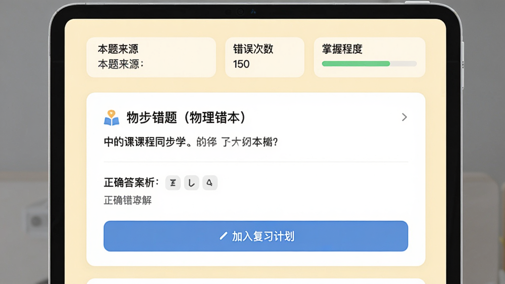 高中课程同步学软件的智能错题本界面预览图,页面顶部有“本题来源”“错误次数”“掌握程度”标签,下方以卡片形式列出了一道物理错题,题目下方有正确答案解析和“加入复习计划”按钮,背景为淡黄色护眼模式,布局整洁,画质细腻,无多余元素