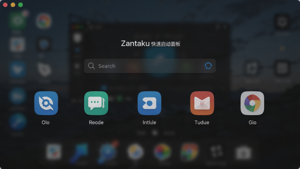 Zantaku 快速启动面板,搜索框居中,下方排列常用应用图标,背景模糊效果,整体深色主题,图标明亮,画质清晰,无多余元素,现代简约风格