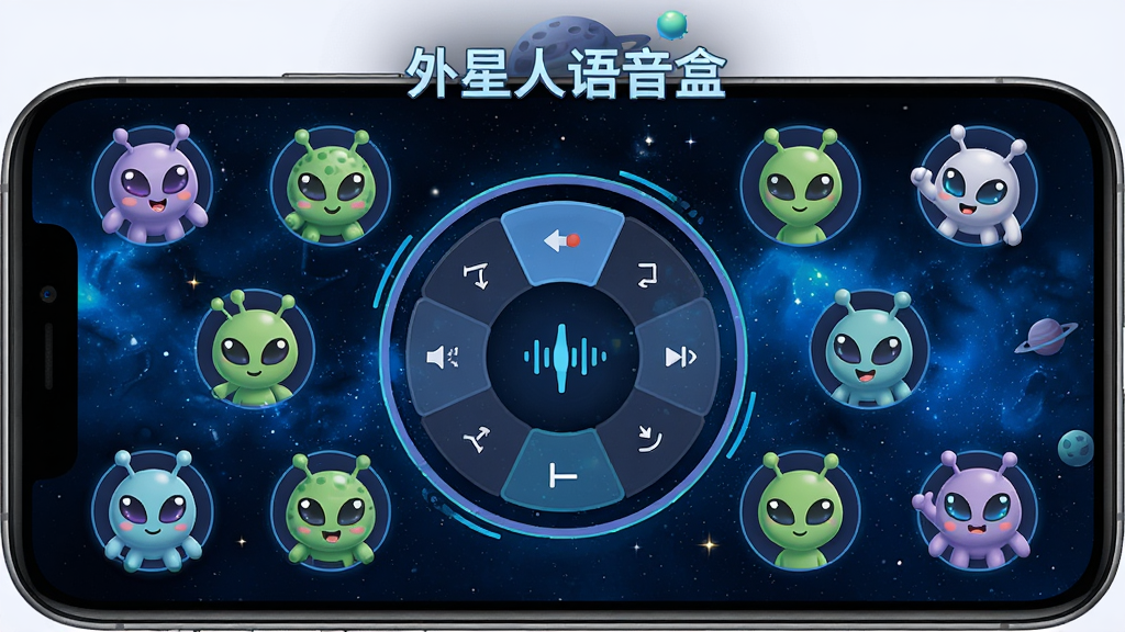 外星人语音盒的主界面展示,手机屏幕中央显示变声模式选择圆盘,周围环绕着各种可爱外星人图标,背景为深蓝色星空,整体风格科幻且活泼,界面排版清晰,细节丰富,画质高清干净,无多余元素,带有“外星人语音盒”字样