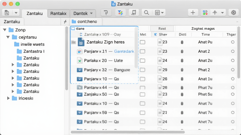 Zantaku 文件管理界面,多标签页布局,左侧目录树,右侧文件列表,顶部工具栏,整体浅色主题,图标简洁,画质清晰,无多余元素