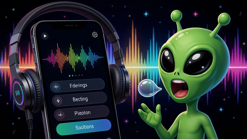 外星人语音盒实时变声功能预览图,手机连接耳机,屏幕显示声音波形和变声选项,旁边有外星人卡通形象张嘴说话,背景为彩色声波,排版动感,风格炫酷,细节丰富,画质高清,干净无多余元素
