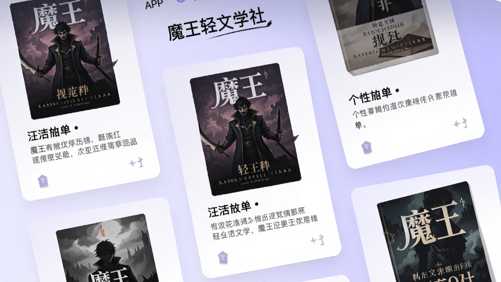 ��������Ϊ��ħ������ѧ�硱APP���Ƽ�ҳ�棬չʾ���Ի��鵥��Ƭ������Ϊǳ��ɫ���䣬��Ƭ����ʾ�鼮�������飬���Ϊ�ִ���ƽ����ƣ����ִ������£������������޶���Ԫ�ء�