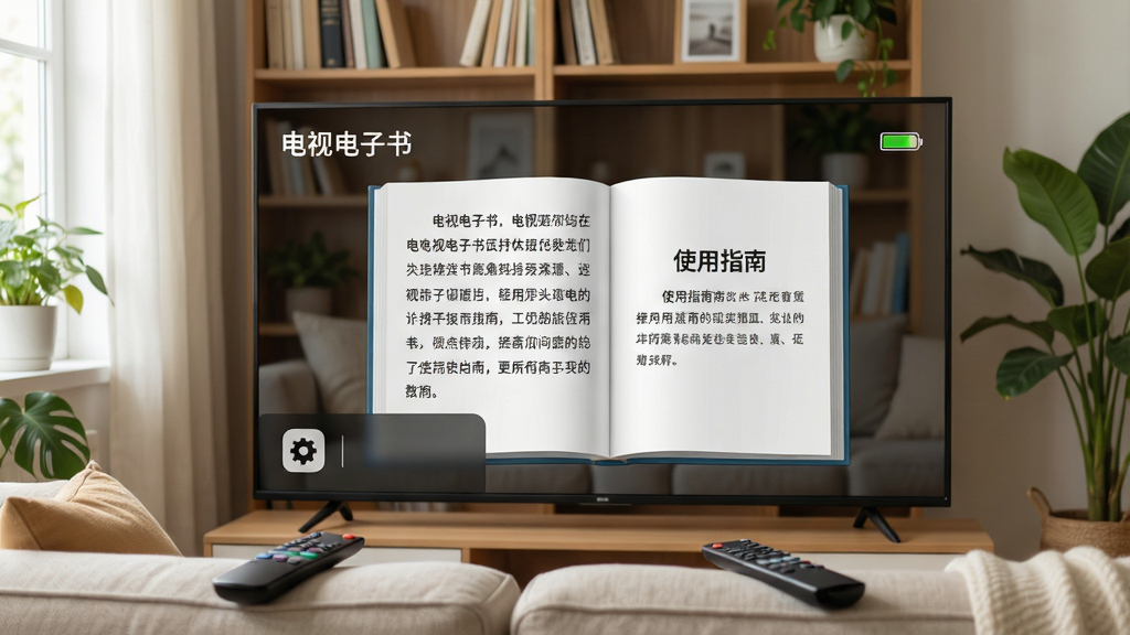 主体:电视屏幕显示电视电子书阅读界面,背景为书架和绿植。布局:界面中央为书籍正文,左下角有设置面板图标,右上角显示电量。排版:文字排列整齐,标题“电视电子书”位于左上角。风格:明亮温馨的家庭客厅风格,自然光。细节:屏幕上显示“使用指南”字样,遥控器放在沙发上。画质:高清,干净,无多余元素。