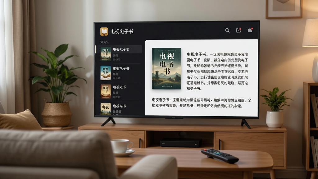 主体:智能电视屏幕显示《电视电子书》阅读界面,背景为温馨客厅,电视柜上摆放绿植。布局:电视居中,屏幕内容清晰展示书籍封面和文字段落,沙发在前景虚化。排版:界面采用深色主题,左侧书籍列表,右侧正文阅读,字体清晰。风格:写实摄影风格,光线柔和,家庭氛围浓厚。细节:电视屏幕显示“电视电子书”字样和书本图标,遥控器放在茶几上。画质:8K超高清,干净,无多余元素。