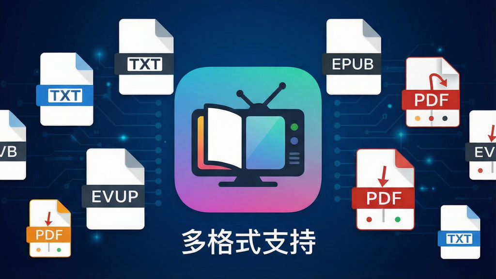 主体:电视电子书软件图标和多个电子书格式文件图标(TXT、EPUB、PDF)悬浮排列。布局:图标居中排列,背景为深蓝色科技感渐变。排版:格式图标大小一致,软件图标最大置于中心,下方标注“多格式支持”。风格:扁平化矢量插画风格,色彩鲜明。细节:每个文件图标上标注对应格式名称,软件图标带有书本和电视元素。画质:高分辨率,干净,无多余元素。