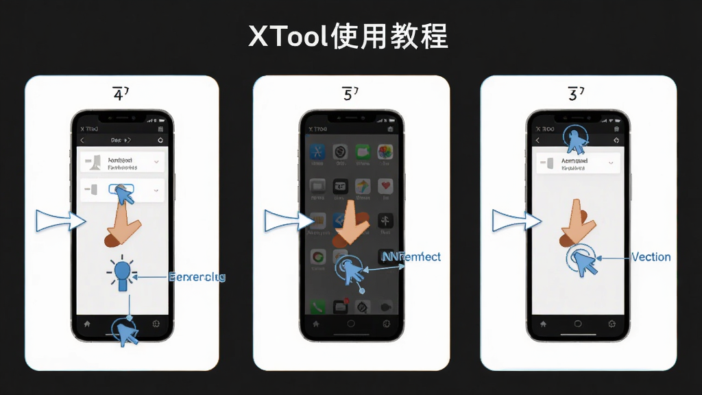 XTool使用教程步骤图,主体是手机屏幕上的操作指引箭头,布局分步展示,风格简洁明了,细节标注点击位置,画质清晰,无多余元素