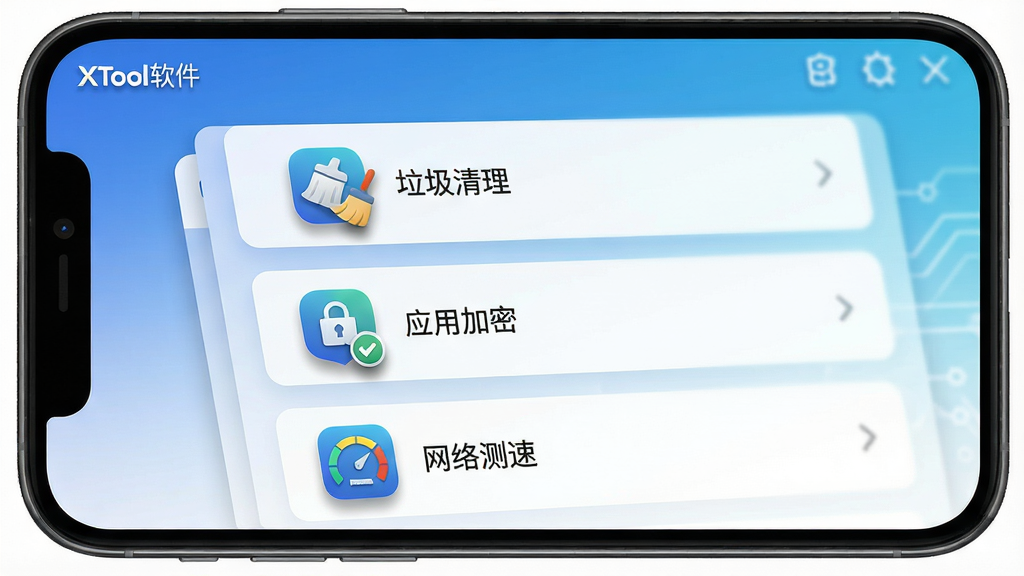 一张展示XTool软件主界面的高清截图,主体是智能手机屏幕中显示的简洁功能列表,包含“垃圾清理”、“应用加密”、“网络测速”等图标,布局整齐,采用蓝白渐变的科技风格,细节上每个图标都有精致的阴影效果,画质清晰干净,无多余元素