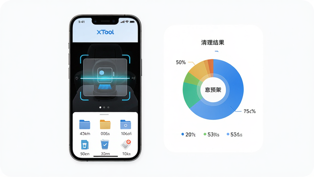 XTool智能垃圾清理功能预览图,主体是手机界面中扫描动画和清理结果饼状图,布局居中,排版清晰,风格现代简约,细节展示可清理文件类型图标,画质高清干净,无多余元素