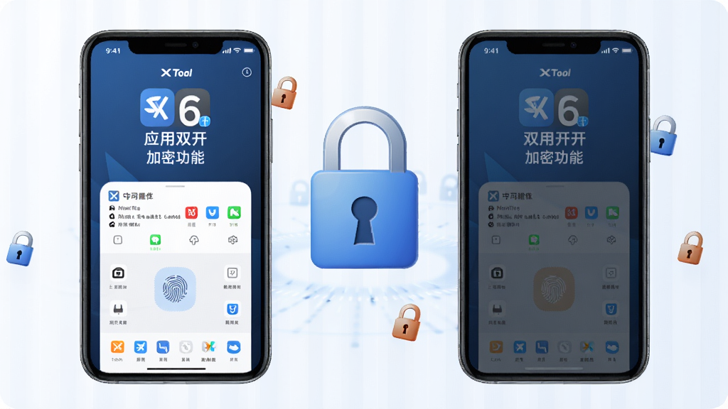 XTool应用双开与加密功能展示图,主体是两部手机分别显示同一应用的不同账号界面,背景有锁形图标,布局对称,风格安全可靠,细节强调指纹识别区域,画质细腻,无多余元素