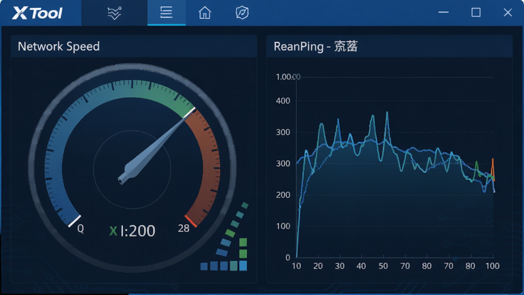 XTool网络诊断功能界面截图,主体是网络测速仪表盘和实时网速曲线图,布局清晰,风格科技蓝,细节显示Ping值和信号格,画质锐利,无多余元素