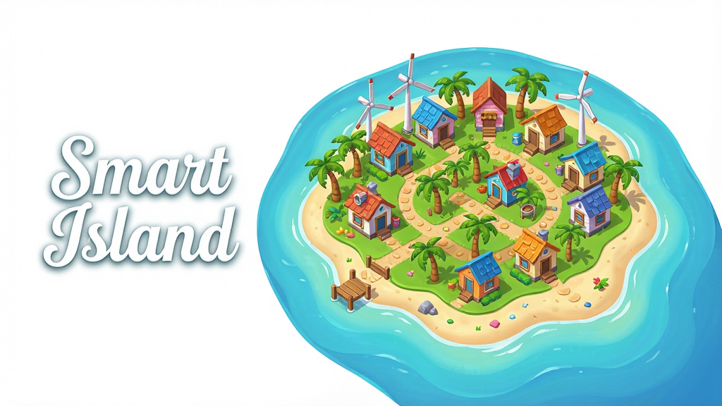 一幅展示Smart Island游戏核心全貌的宽幅数字插画,主体为一座欣欣向荣的热带岛屿,上面错落有致地分布着彩色小屋、风车、棕榈树和蜿蜒小径,岛屿周围环绕着清澈见底的浅蓝色海水和细腻沙滩。布局采用俯瞰视角,岛屿居中,四周留白以展现海洋的广阔。排版上,画面左侧留出空白区域,用优雅的白色艺术字写着