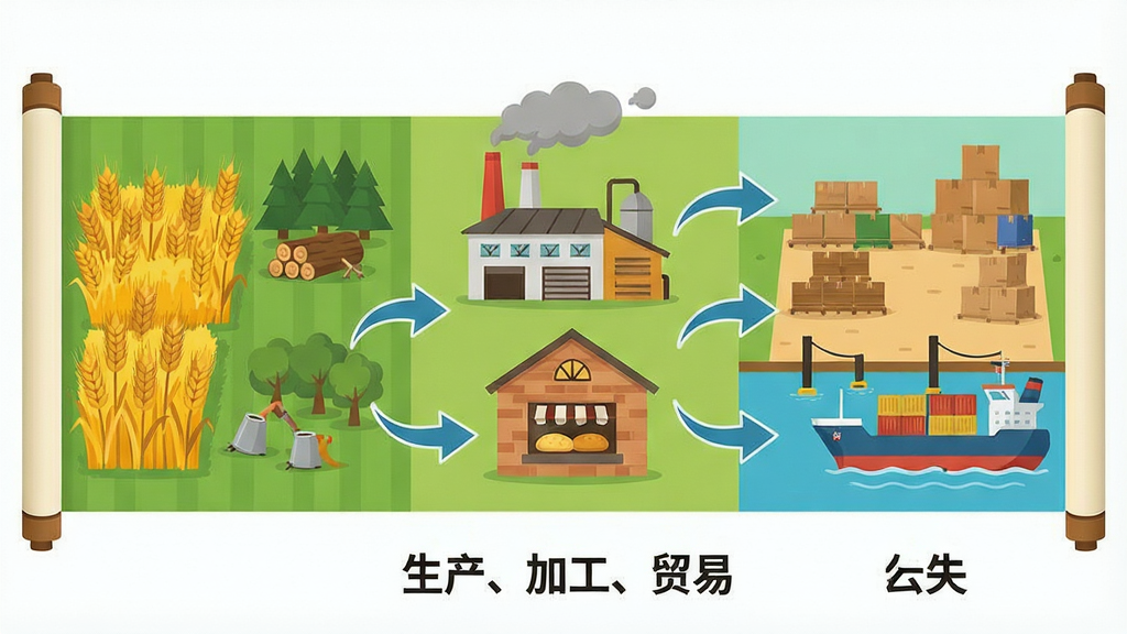 一张描绘Smart Island资源生产链的示意插画,主体分为三个部分:左侧是金黄色的麦田和伐木场,中间是冒着烟的加工坊和面包房,右侧是堆满货物、停靠着货船的码头。布局采用横向长卷式构图,用流动的箭头图标串联起各个生产环节,直观展示物流方向。排版上,画面下方标注着