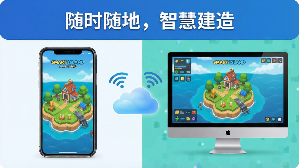 一张展示Smart Island游戏在手机和电脑上运行的对比场景图,主体左侧是一部运行着岛屿画面的智能手机,右侧是一台显示同样游戏界面的电脑显示器,两者通过云朵和Wi-Fi符号连接。布局采用左右对称结构,突出多设备同步的概念。排版上,画面顶部有
