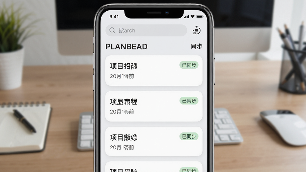 主体:PLANBEAD软件在手机上的运行截图,显示一个项目列表页面,顶部有搜索栏和同步状态图标。布局:手机竖屏居中,背景为办公桌面,屏幕内容清晰可见。排版:项目卡片以列表形式排列,每个卡片显示项目名称和更新时间。风格:简洁清新,背景为浅灰色,手机边框为金属色。细节:屏幕上有“已同步”标识,卡片带有圆角。画质:高清,无多余元素。