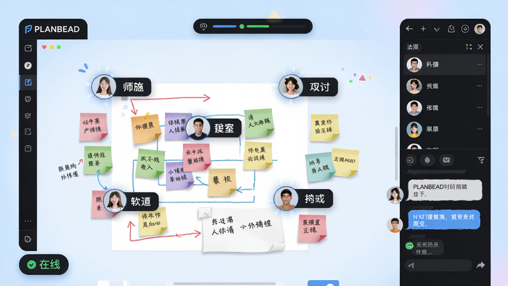 主体:PLANBEAD软件的实时协作场景,屏幕上显示多个用户头像光标在同一个画布上移动,画布中有不同颜色的便签和注释。布局:画布中央显示协作内容,右侧有成员列表和聊天窗口,顶部有协作状态指示器。排版:头像光标带有姓名标签,便签大小不一,摆放随意。风格:清新活泼,背景为淡蓝色,光效柔和。细节:聊天窗口有弹出的消息气泡,画布左下角有“在线”图标。画质:清晰,无多余元素。