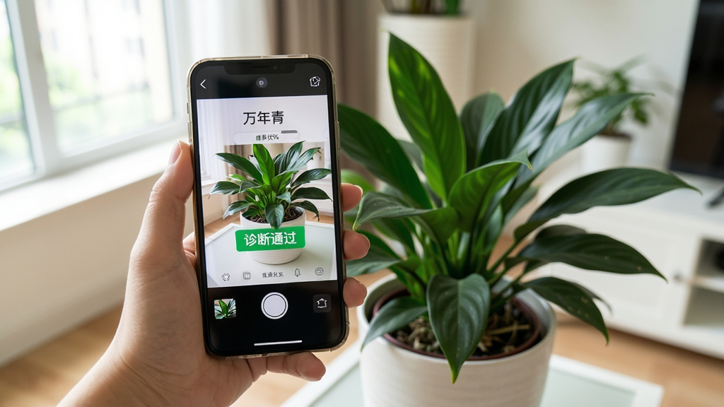 主体为一位用户手持手机对着家中一盆绿植拍照,手机屏幕上显示识别结果和植物名称“万年青”,旁边有健康状态百分比和“诊断通过”的提示。布局采用第一人称视角,排版轻松自然,风格写实,细节上展现叶片颜色和手机界面清晰度,画质干净明亮,无多余元素。