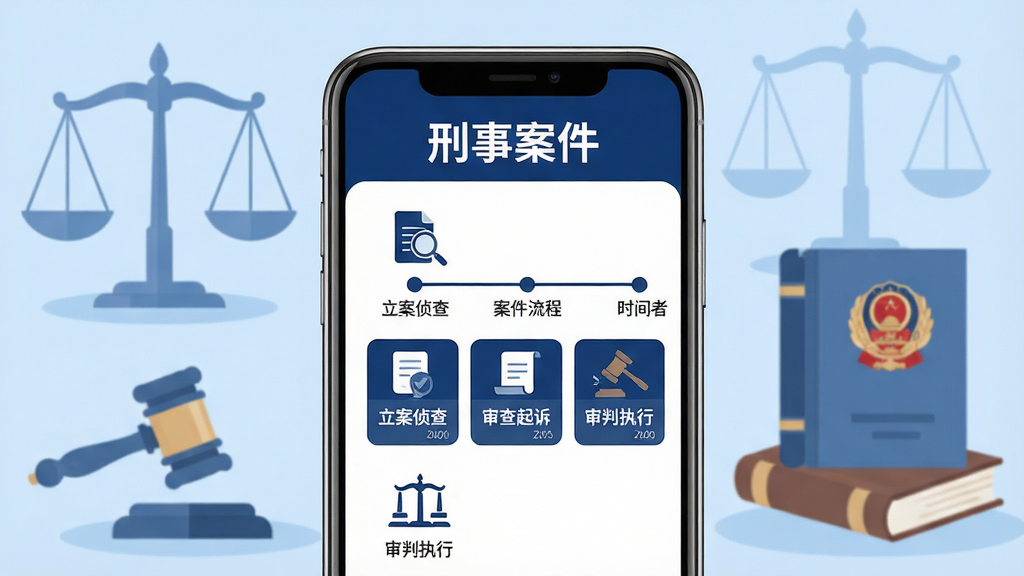 主体:一部智能手机屏幕显示刑事案件APP主界面,界面顶部有“刑事案件”字样,下方是案件流程时间轴、法律文书模板、法律咨询等模块图标。布局:手机居中,背景为浅蓝色法律主题,带有天平、法典等元素。排版:界面简洁,图标排列整齐。风格:现代扁平化,色彩以深蓝和白色为主,突出专业感。细节:屏幕中显示“立案侦查”、“审查起诉”、“审判执行”等关键词,文字清晰。画质:高清,干净,无多余元素。