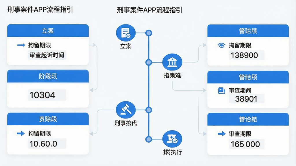 主体:一张刑事案件APP的流程图界面截图,显示从“立案”到“执行”的完整时间轴,每个节点有图标和简短说明。布局:时间轴居中,左右分列各阶段详情卡片。排版:卡片式布局,清晰明了。风格:商务简洁,蓝白配色。细节:卡片中标注“拘留期限”、“审查起诉时间”等具体数字,文字为“刑事案件APP流程指引”。画质:高清,干净,无多余元素。
