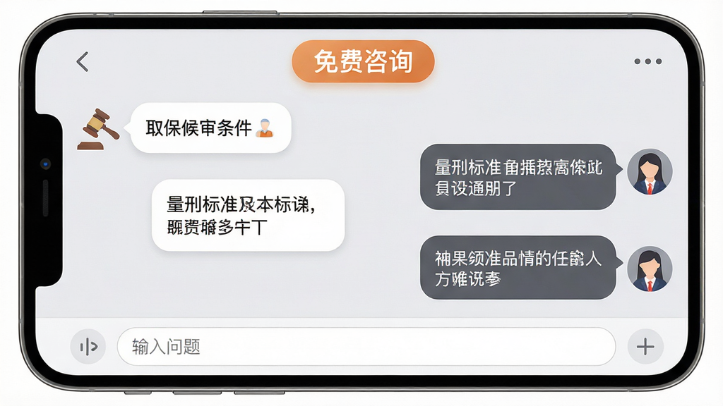 主体:刑事案件APP的咨询界面,左侧是用户提问气泡,右侧是律师回复气泡,顶部有“免费咨询”标识。布局:对话式界面,居中显示。排版:气泡式聊天风格。风格:柔和圆角,浅灰背景。细节:对话内容涉及“取保候审条件”、“量刑标准”等,底部有“输入问题”输入框。画质:干净,无多余元素。