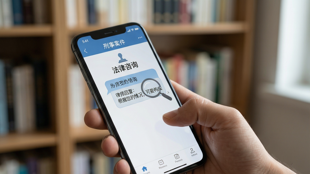 主体:一部手机在手中使用刑事案件APP,屏幕显示“法律咨询”对话框,旁边有放大镜图标代表检索功能。布局:手机斜握,背景为书房书架。排版:自然场景。风格:写实摄影风格。细节:屏幕中可见“律师回复:根据您的情况,可能构成...”字样。画质:高清,干净,无多余元素。