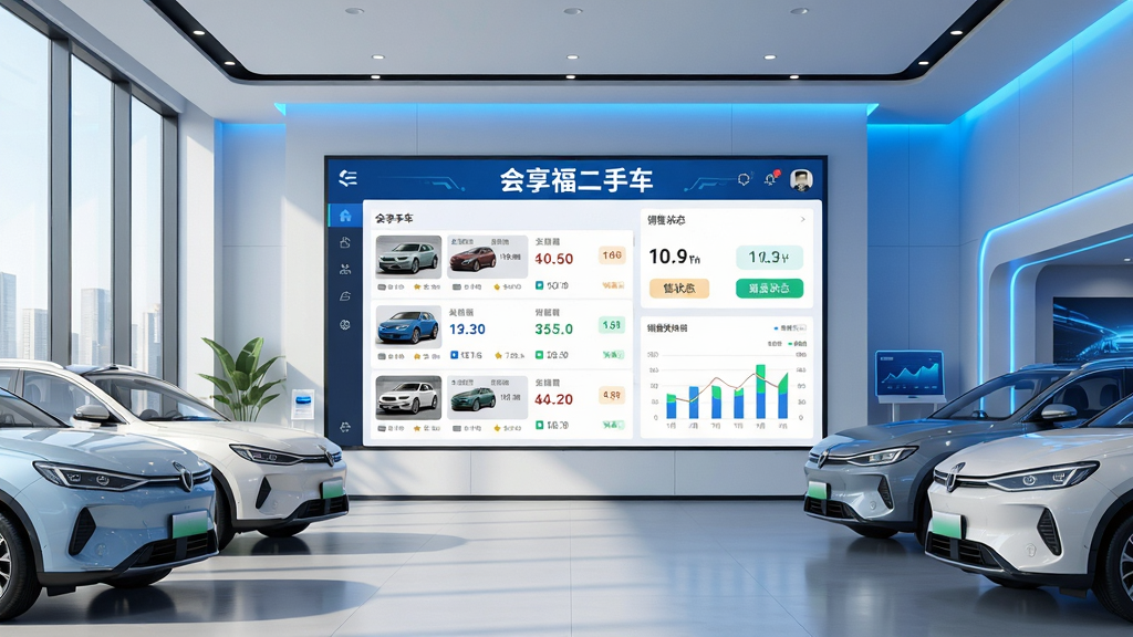 主体:一辆现代简约风格的二手车展厅内部,正中央大屏幕上清晰显示
