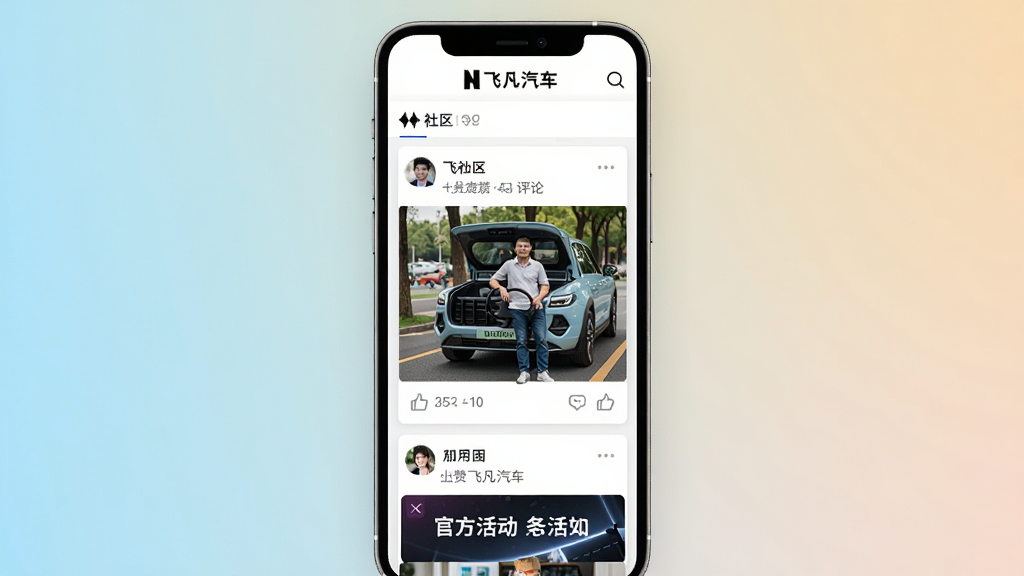 主体:手机界面展示飞凡汽车App的社区页面,有用户发布的图文动态和官方活动横幅。布局:手机居中,屏幕内容清晰,背景为淡雅的纯色或渐变。排版:社区帖子以卡片式排列,点赞、评论按钮可见。风格:UI设计稿风格,扁平化图标,色彩清新。细节:顶部有“飞凡汽车”Logo,动态图片显示车主与车辆的合影。画质:干净,无多余元素。